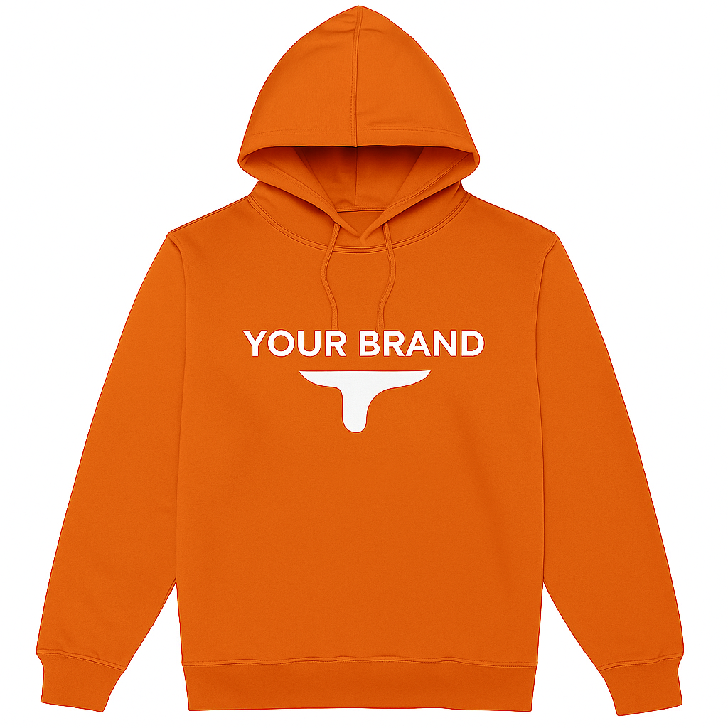 Orange hoodie with customizable brand logo on a white background