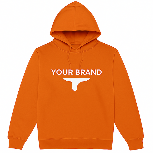 Orange hoodie with customizable brand logo on a white background